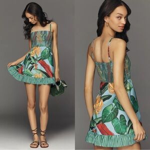 FARM Rio Blue Tropical Cotton Smocked Mini Dress with Green & Yellow Print